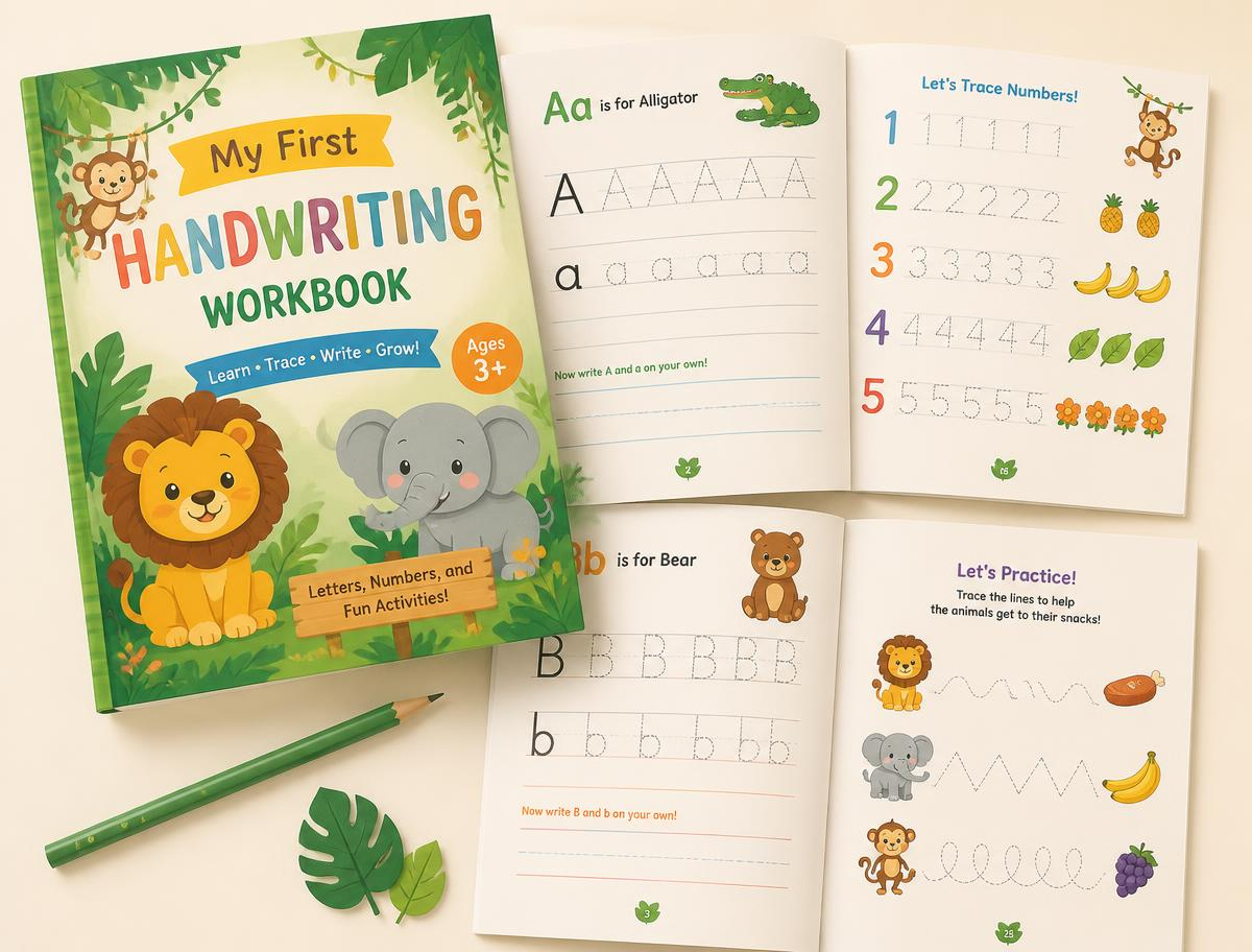 My First Handwriting Workbook cover with lion, elephant, and monkey, plus sample letter and number tracing pages